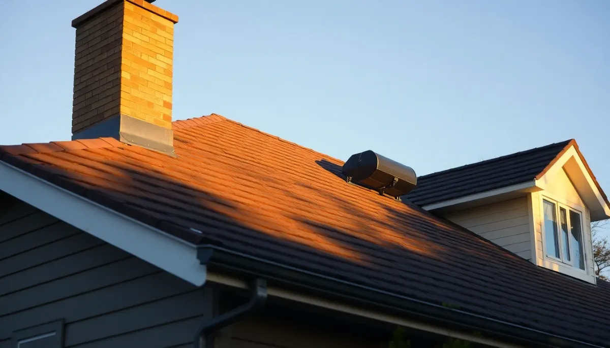 Système de ventilation et d'évacuation d'une chaudière fioul visible sur la toiture d'une maison résidentielle