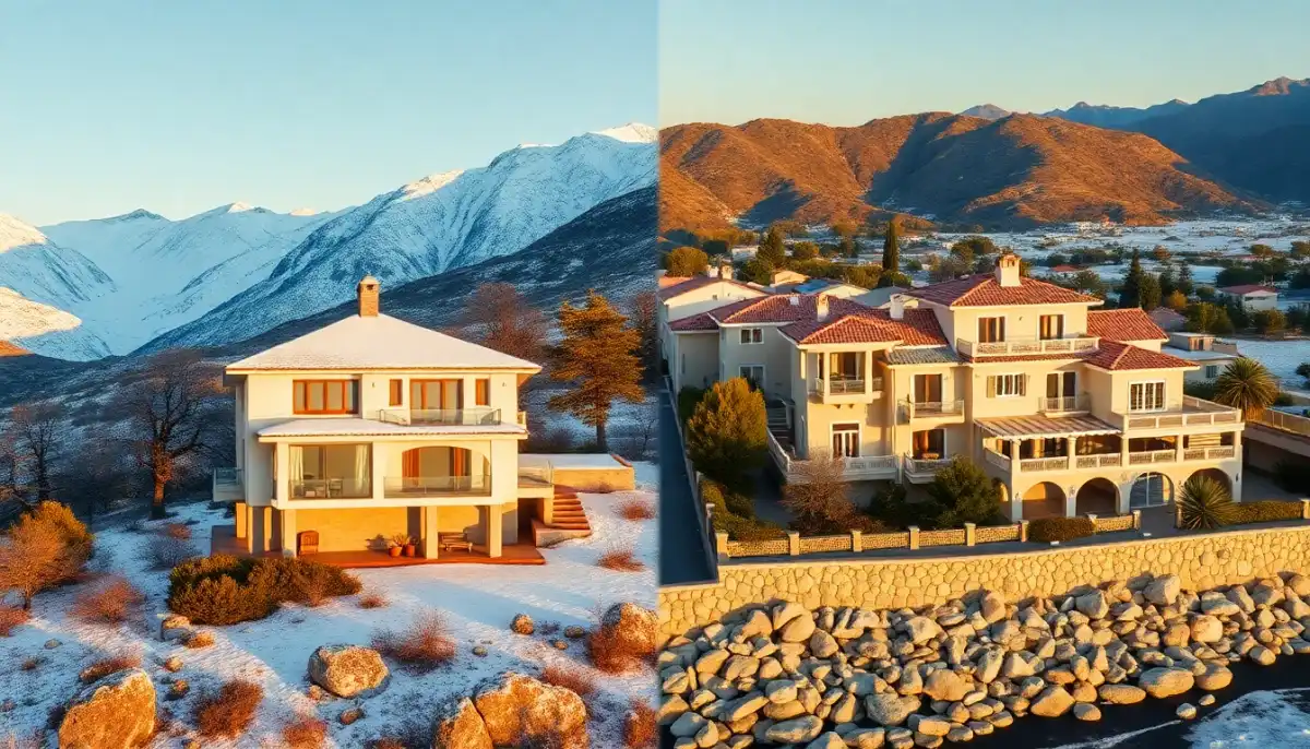 Comparaison visuelle de deux maisons en différentes zones climatiques - montagne enneigée et côte méditerranéenne