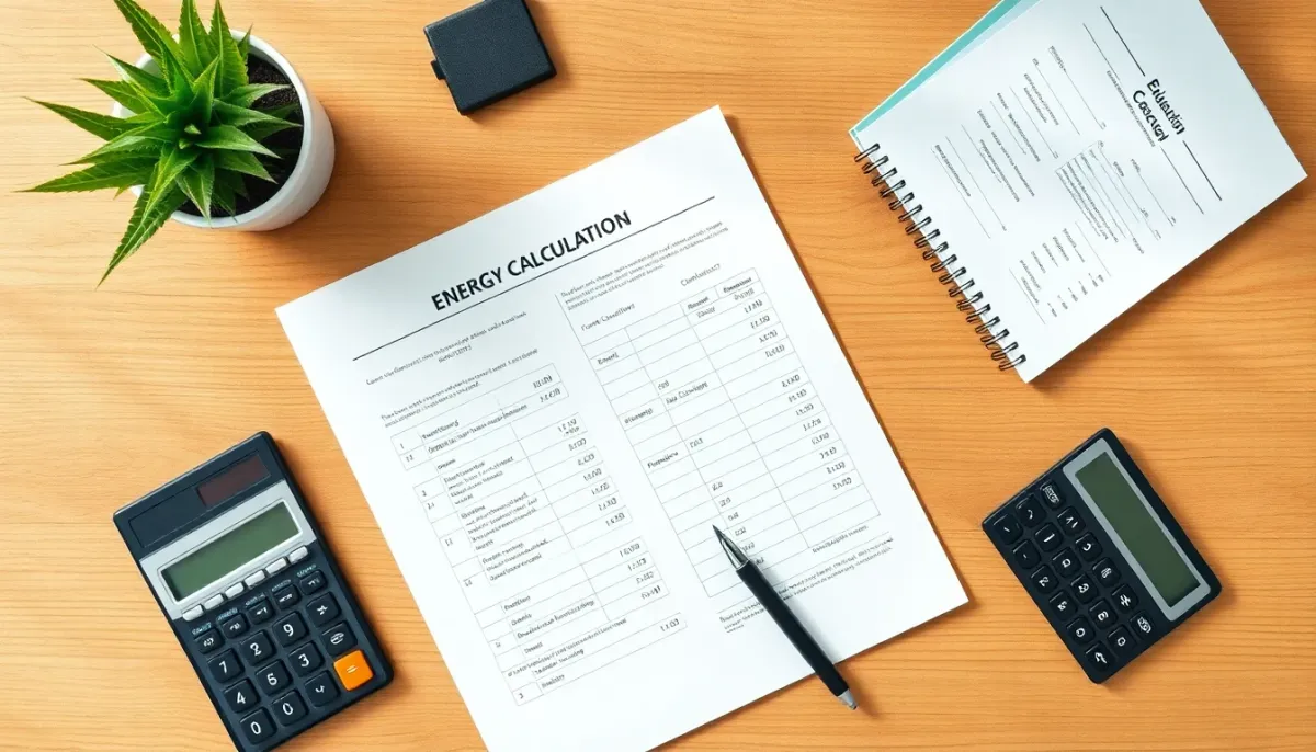 Plan de travail montrant documents de calcul énergétique avec stylo et calculatrice pour évaluer la consommation