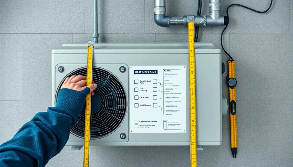 Vérification technique d'installation de PAC avec outils de mesure et points de contrôle visibles