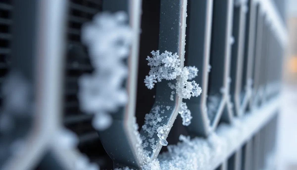 Gros plan du givre et cristaux de glace sur les ailettes de l'unité extérieure d'une pompe à chaleur