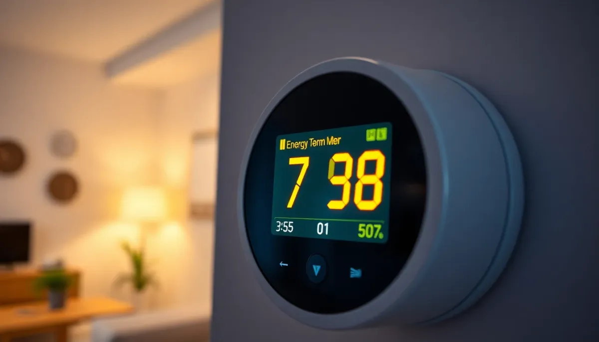 Écran de thermostat intelligent ou compteur énergétique affichant les données de consommation de chauffage en hiver
