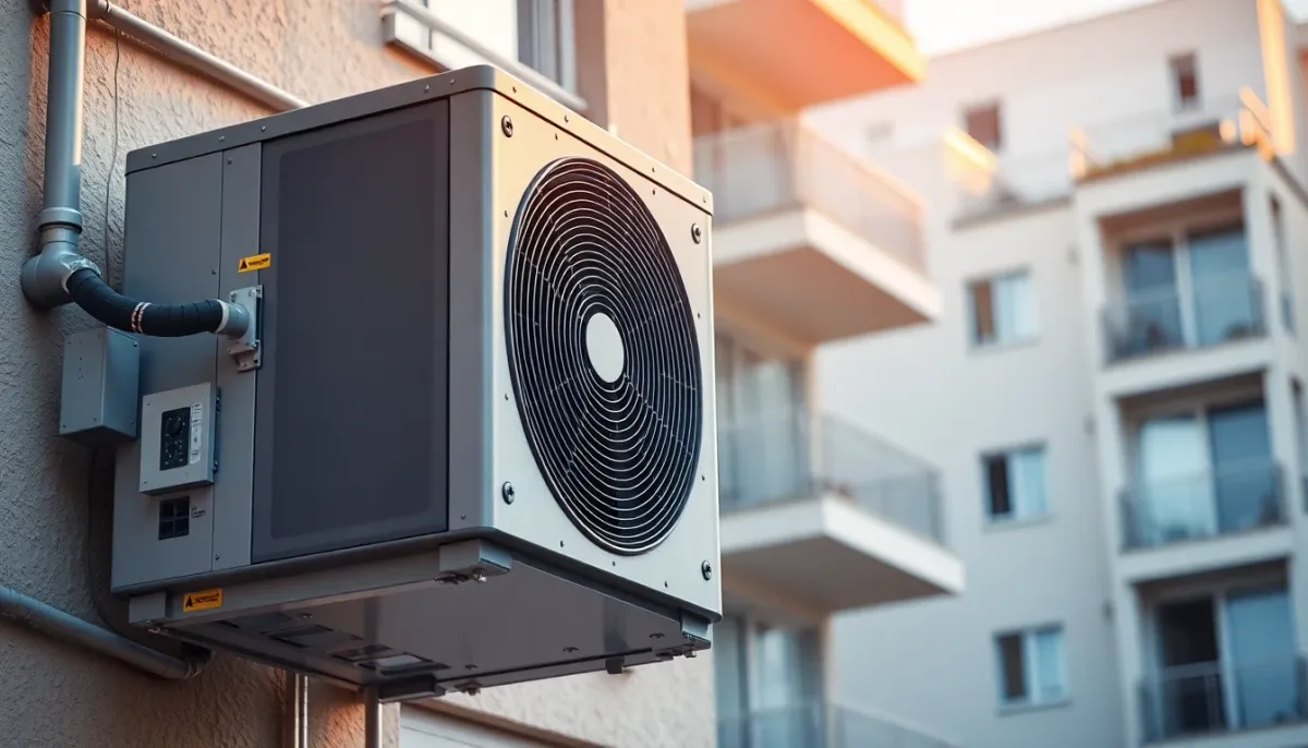 Unité externe de pompe à chaleur montée sur un immeuble d'appartements, gros plan détaillé