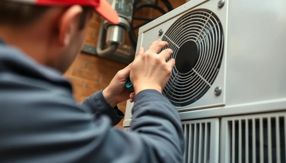 Technicien en maintenance effectuant un diagnostic et entretien professionnel sur une unité de pompe à chaleur