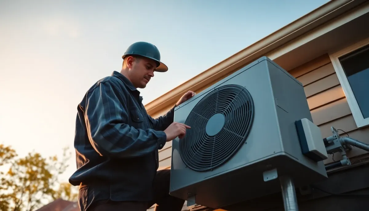 Technicien en installation de pompe à chaleur sur toiture résidentielle