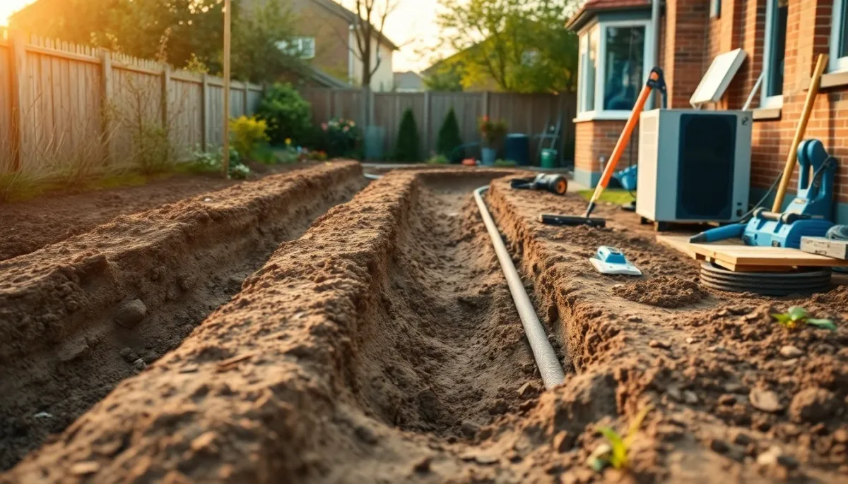 Travaux de terrassement et préparation du site pour l'installation d'une PAC air-eau