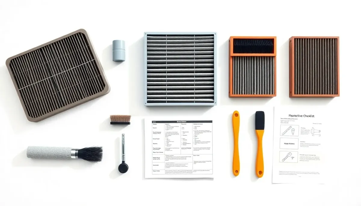 Composants d'entretien de pompe à chaleur disposés de manière organisée avec filtres et outils de maintenance