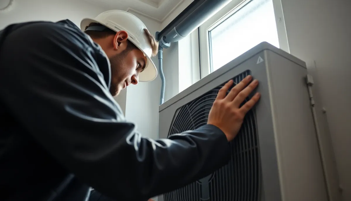 Technicien effectuant une inspection de contrôle qualité sur une installation de pompe à chaleur
