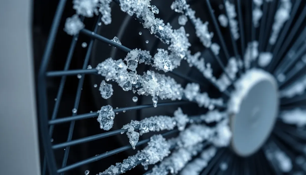 Gros plan sur l'unité extérieure d'une PAC avec givre et accumulation de glace par grand froid
