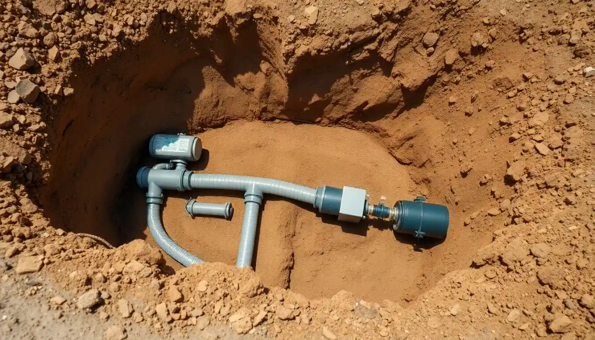 Installation géothermique avec boucles souterraines et tuyauterie dans une tranchée excavée