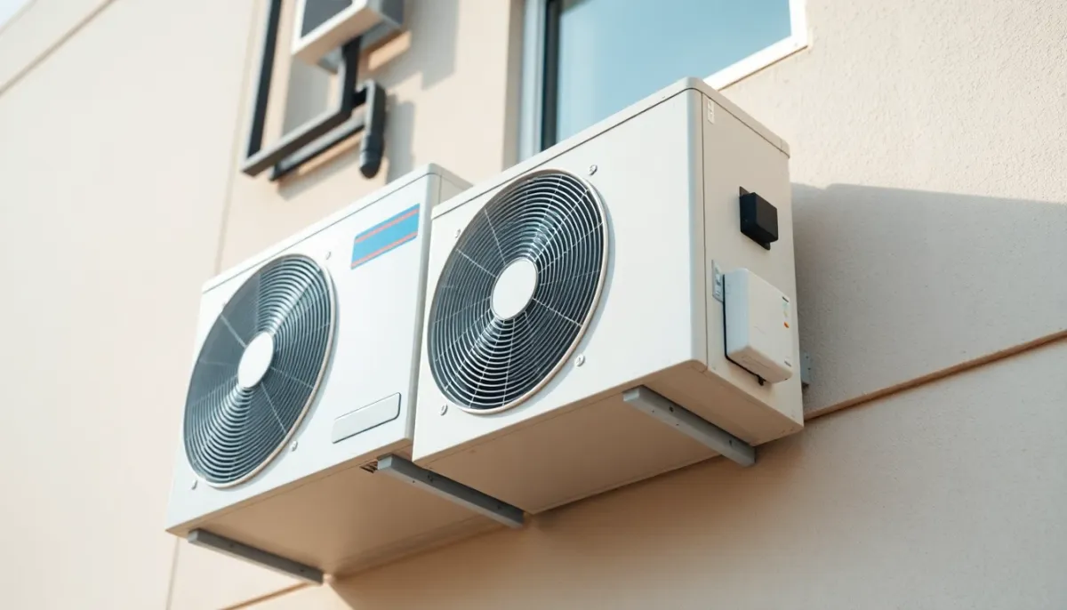 Pompe à chaleur air-eau installée en façade, vue en détail du système de chauffage moderne
