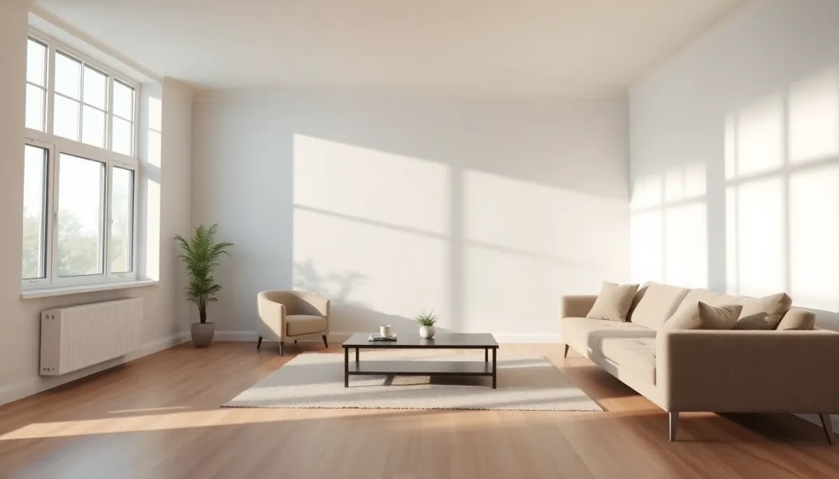 Intérieur de pièce exposée nord avec lumière naturelle douce et diffuse, ambiance calme et régulière