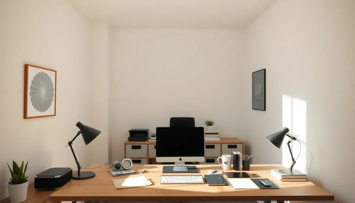 Espace de travail aménagé avec exposition nord, lumière naturelle optimisée pour télétravail et concentration