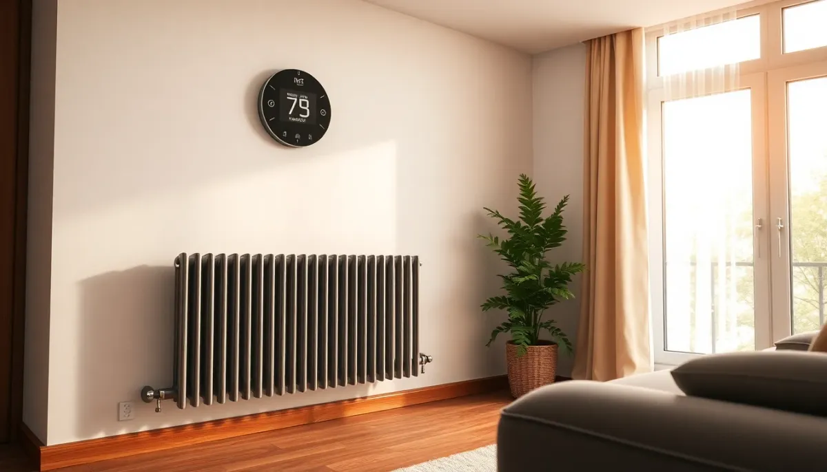 Radiateur et thermostat modernes dans intérieur résidentiel contemporain
