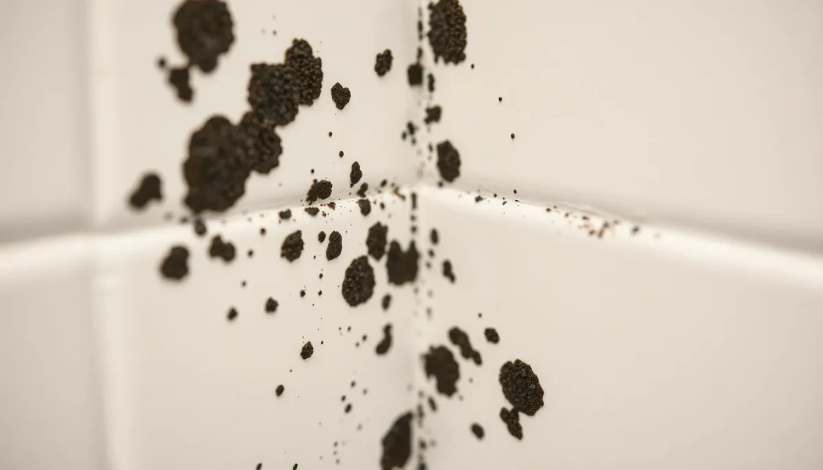 Gros plan sur moisissures noires et vertes proliférant dans les joints de salle de bain