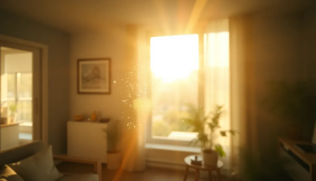 Intérieur d'un logement avec air vicié et accumulation de poussière visible dans la lumière naturelle