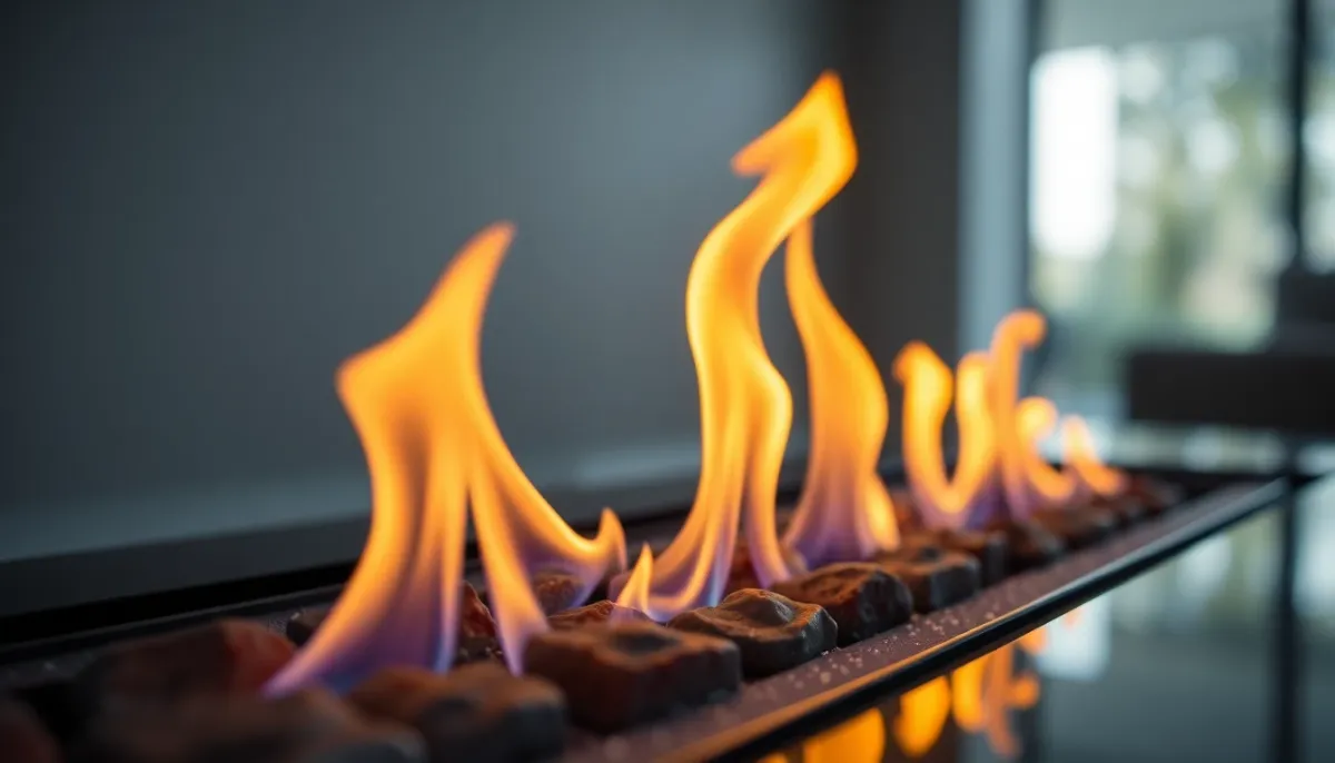 Gros plan sur les vraies flammes orange et bleues d'une cheminée bioéthanol