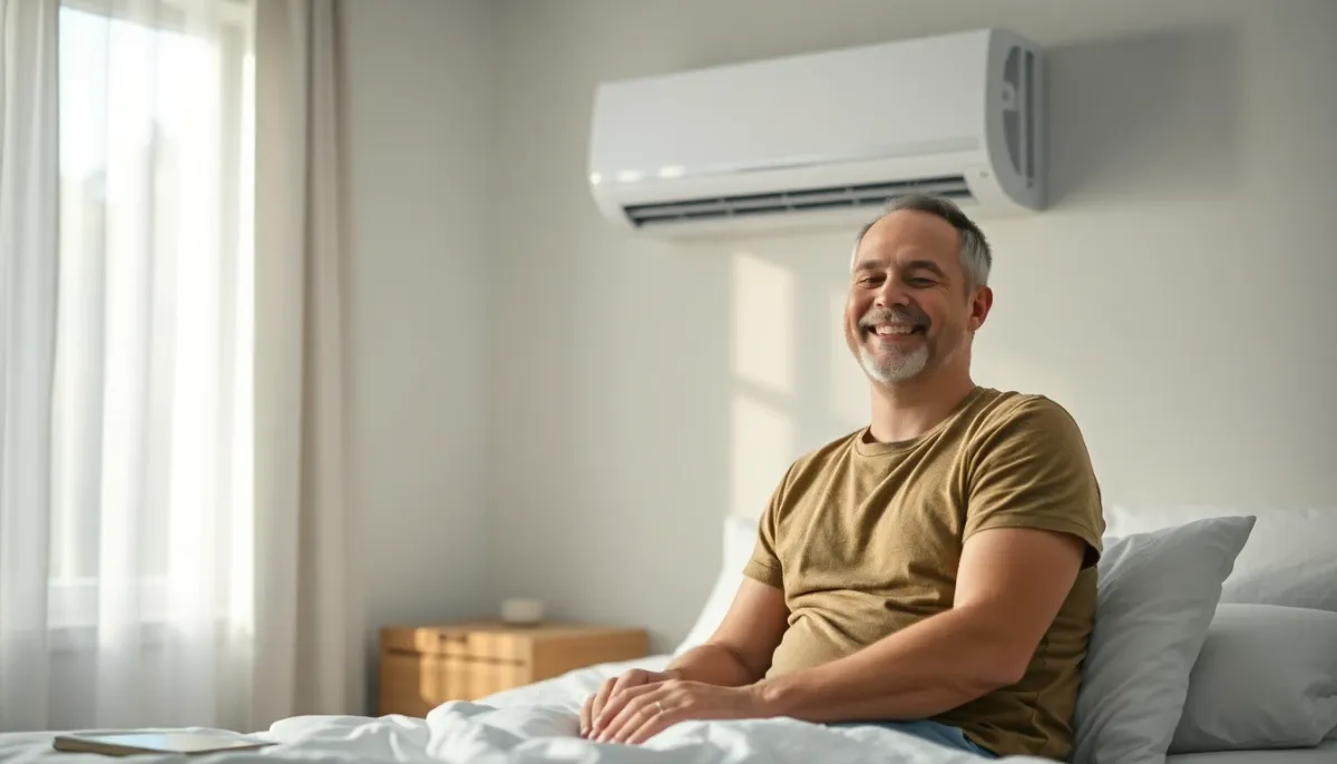 Utilisateur satisfait dans une chambre climatisée avec le Mitsubishi 5 kW en fonctionnement silencieux