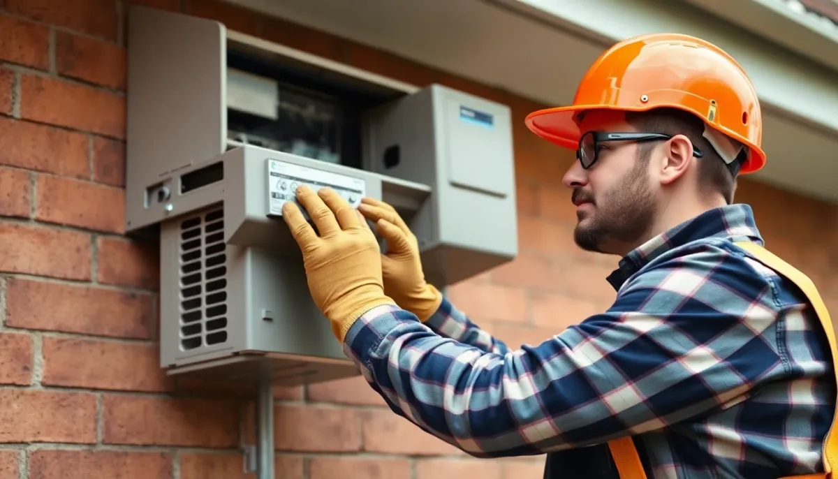 Frigoriste qualifié RGE en cours d'installation d'une unité climatiseur Mitsubishi sur un mur résidentiel