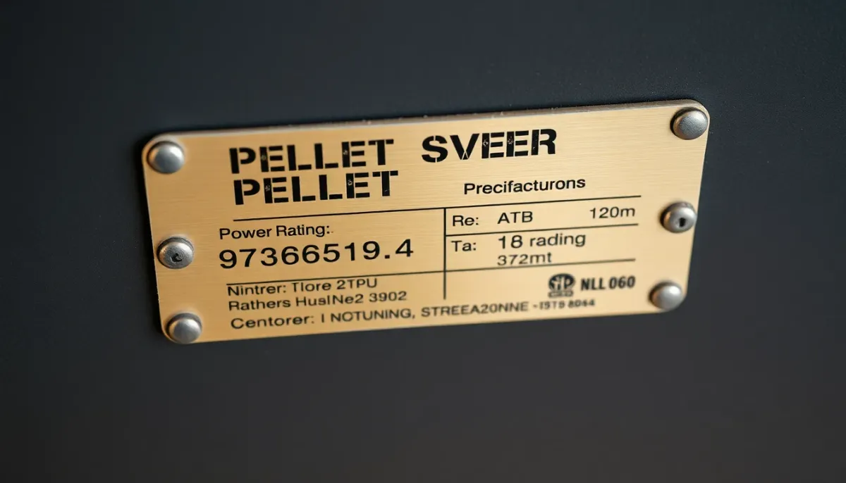 Plaque signalétique de poêle à granulés affichant le modèle et la puissance nominale