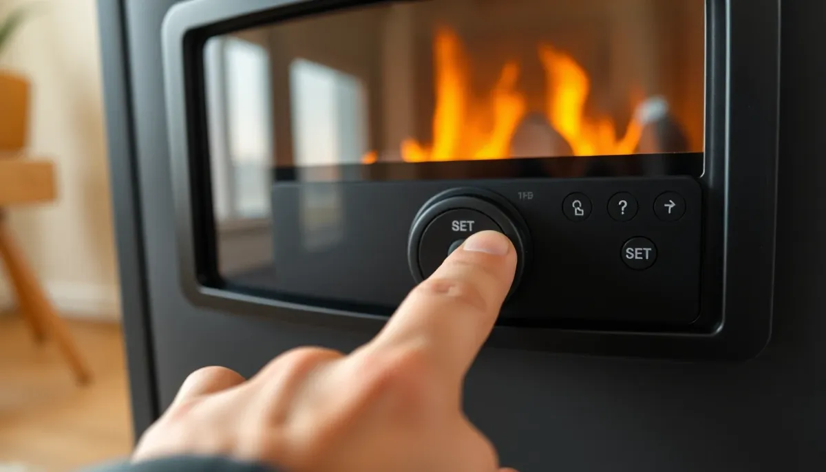 Main appuyant sur les boutons de commande d'un menu technicien de poêle à granulés