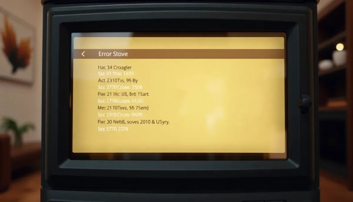 Écran LCD d'un poêle Extraflame affichant un menu de dépannage et codes d'erreur