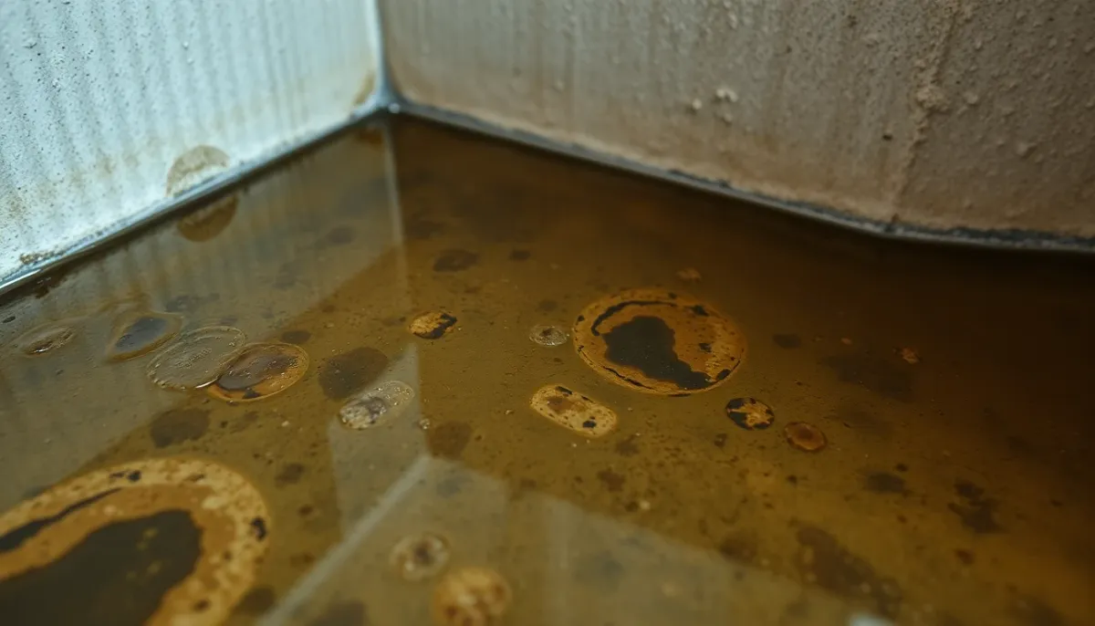 Accumulation d'eau stagnante dans un vide sanitaire avec dépôts de calcaire visibles