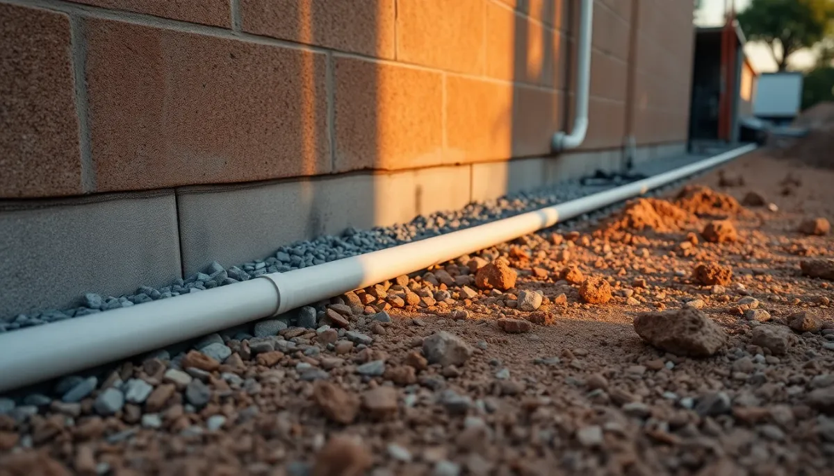 Système de drainage périphérique installé autour des fondations d'une maison