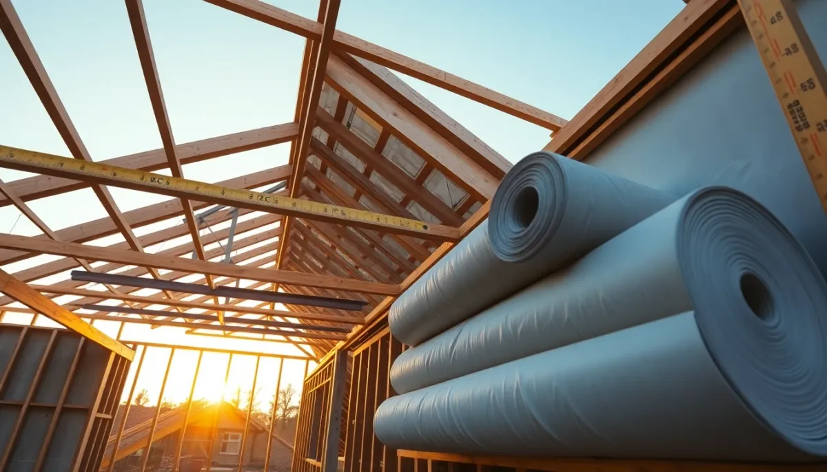 Préparation d'un chantier de toiture avec matériaux et outils de mesure pour l'installation de l'écran