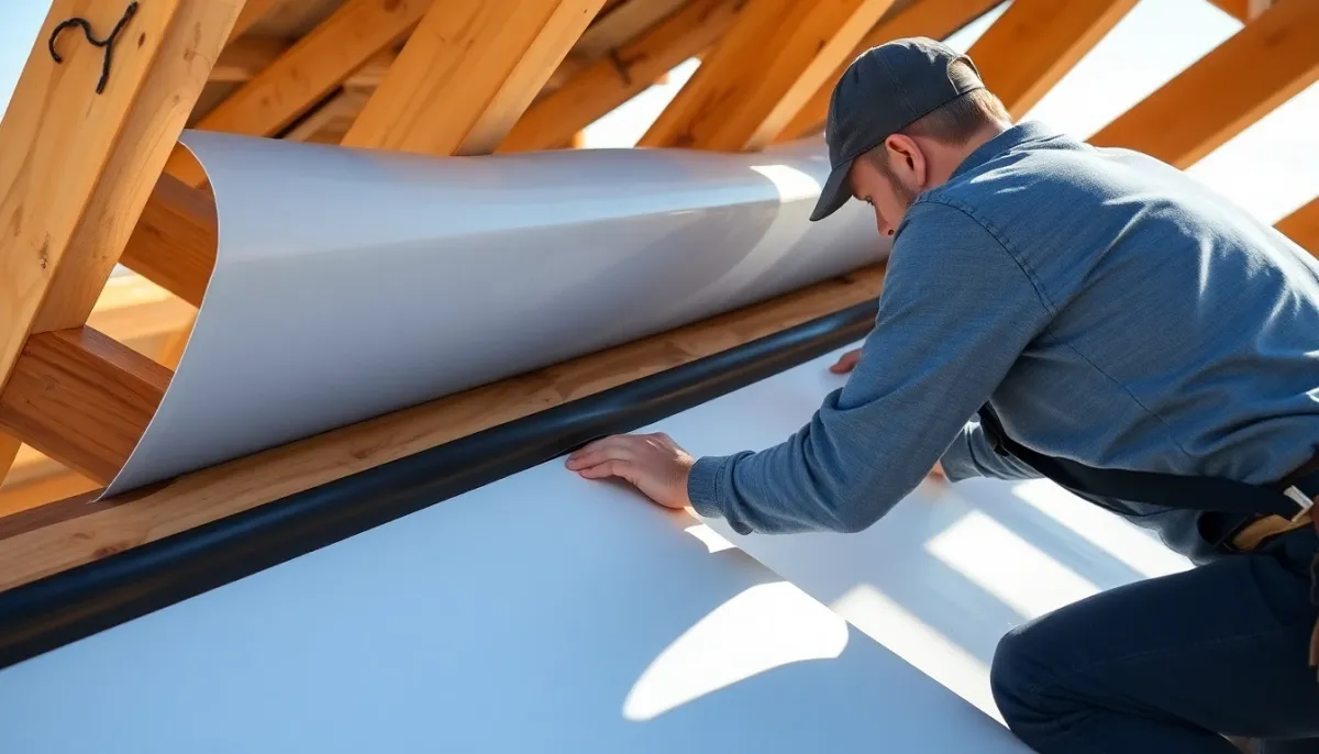 Technicien installant un écran sous-toiture sur une structure de charpente en pente