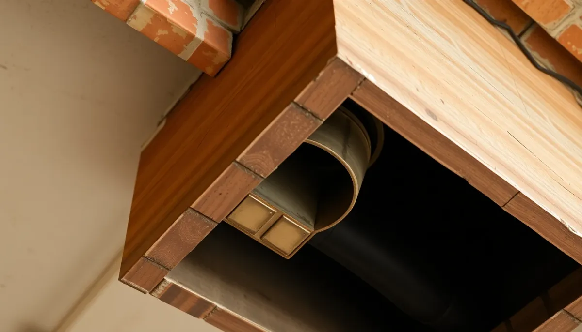 Détail technique d'une cheminée avec conduit préservé visible de l'intérieur