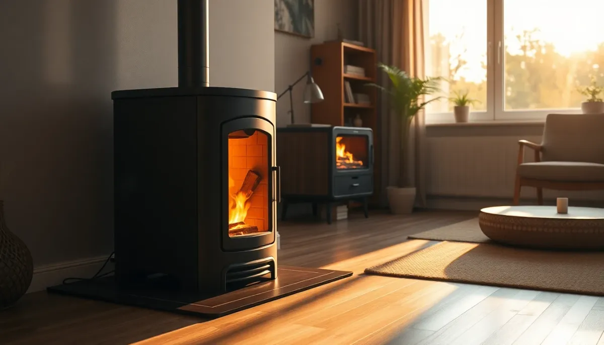Intérieur résidentiel avec un système de chauffage bois moderne et efficace en fonctionnement
