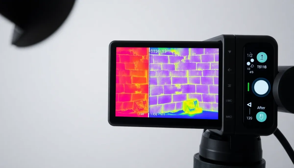 Caméra thermique affichant la réduction des déperditions thermiques sur un mur isolé