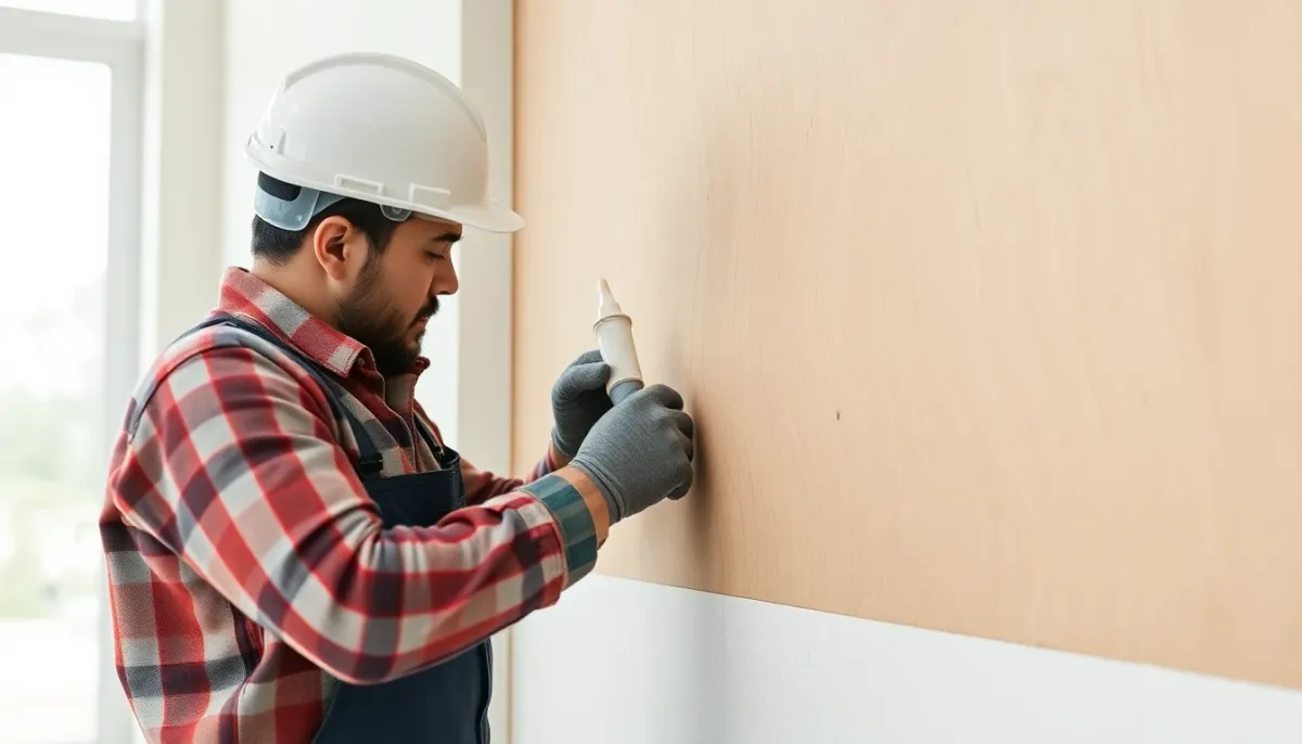 Pose de plaque isolante collée sur un mur avec application de colle polyuréthane