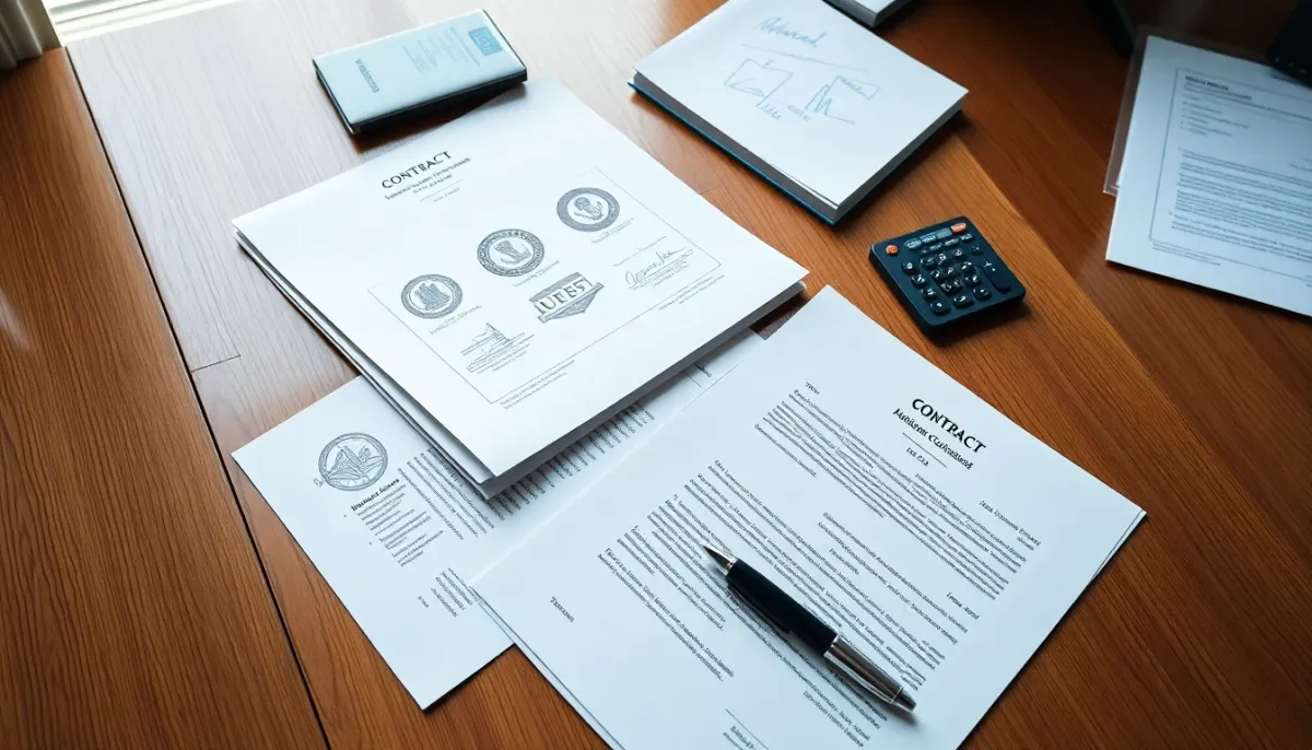 Pile de documents contractuels et dossiers juridiques avec cachets officiels