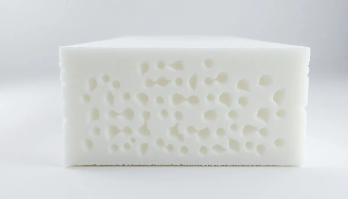Gros plan détaillé de la coupe transversale de mousse polyuréthane montrant sa structure cellulaire et sa densité thermique