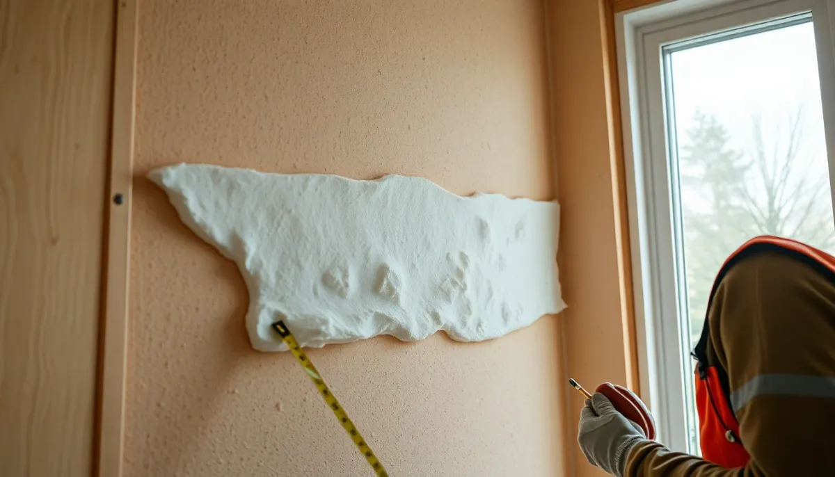 Scène de chantier montrant l'installation d'isolant faible épaisseur sur un mur intérieur avec mise en évidence de l'épaisseur réduite