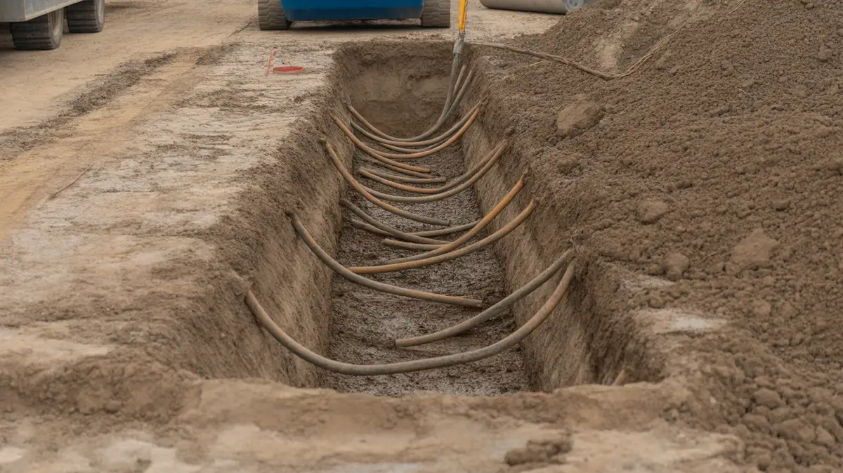 Préparation du terrain avec excavation, compactage et système de drainage pour fondation