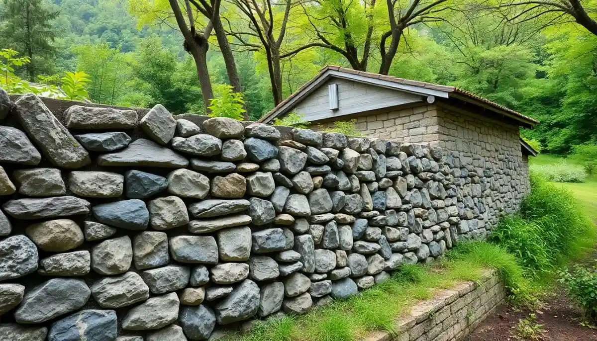 Mur en pierre écologique intégré harmonieusement dans un paysage naturel