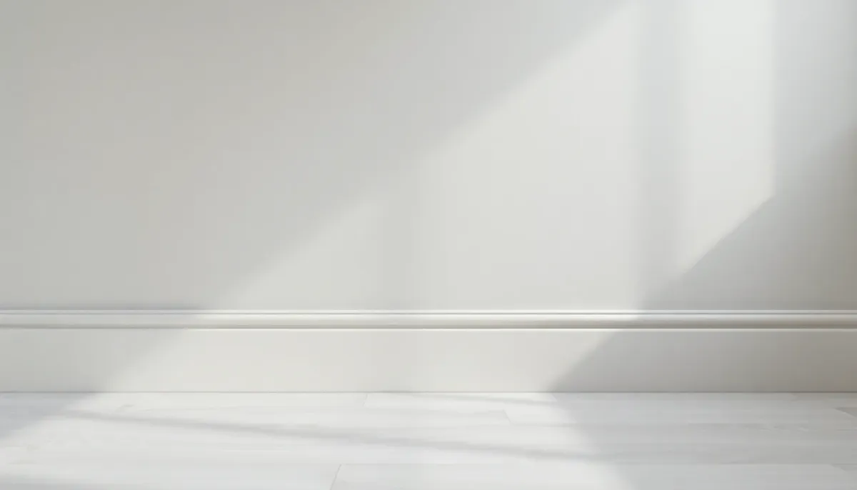 Détail rapproché d'une plinthe peinte en ton sur ton avec le mur, montrant l'harmonie visuelle et la continuité