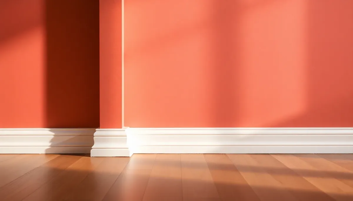 Gros plan d'une plinthe de couleur contrastée avec le mur, soulignant les lignes architecturales