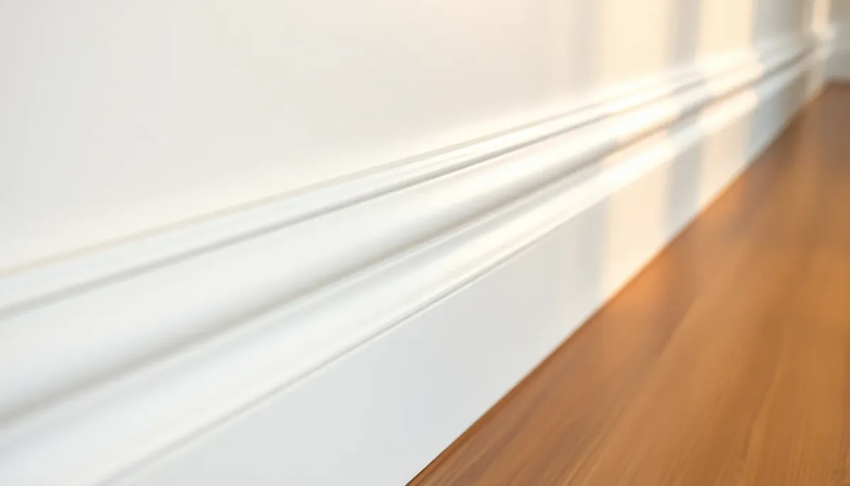 Détail ultra-rapproché d'une plinthe fraîchement peinte montrant une finition lisse et sans traces de pinceau