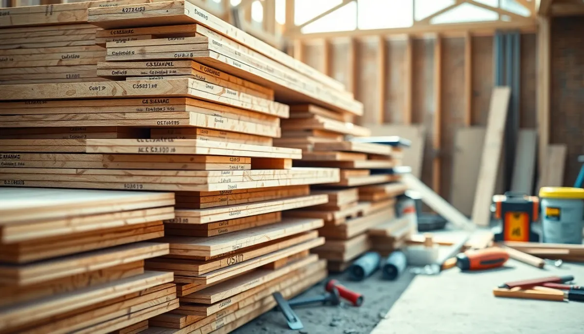 Matériaux de construction incluant panneaux OSB, vis et outils disposés sur un chantier