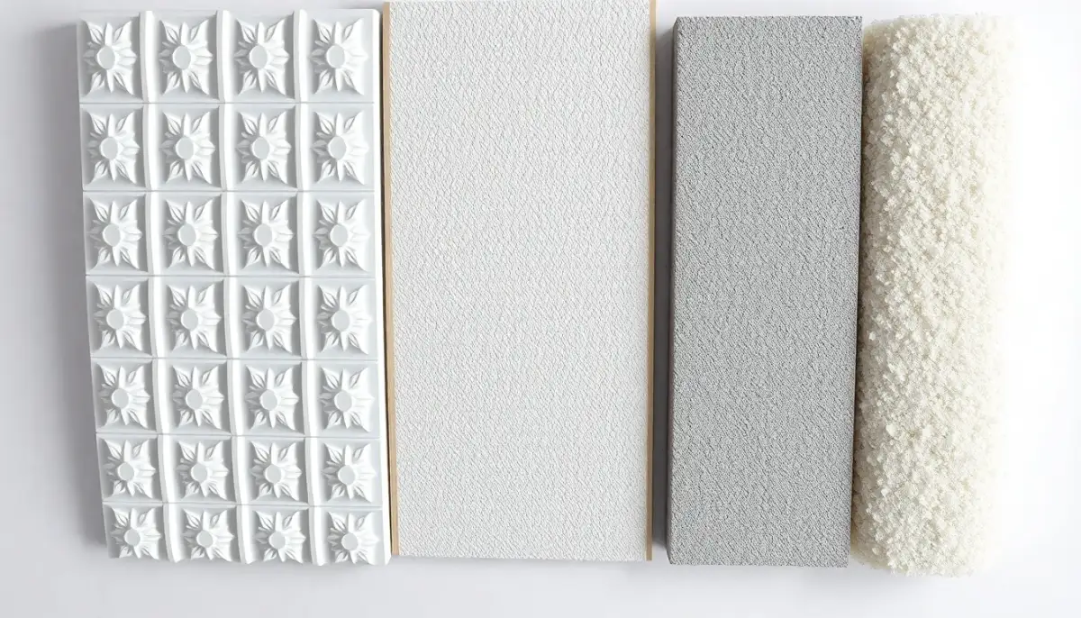 Échantillons de matériaux de plafond posés à plat montrant les différentes textures et finitions