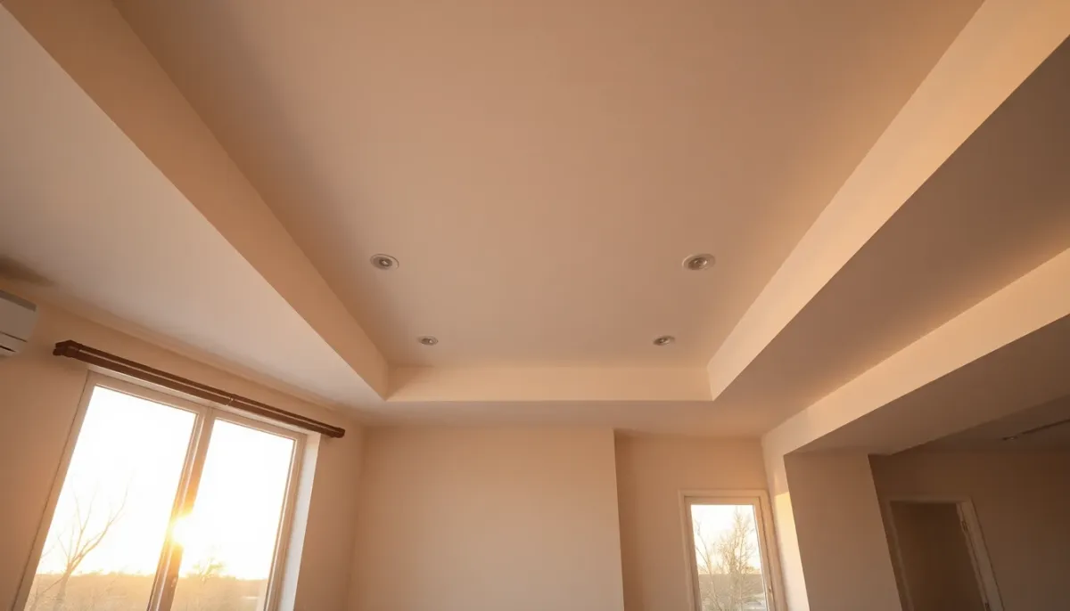 Intérieur résidentiel moderne avec plafond rénové conforme aux normes actuelles et sécurité incendie