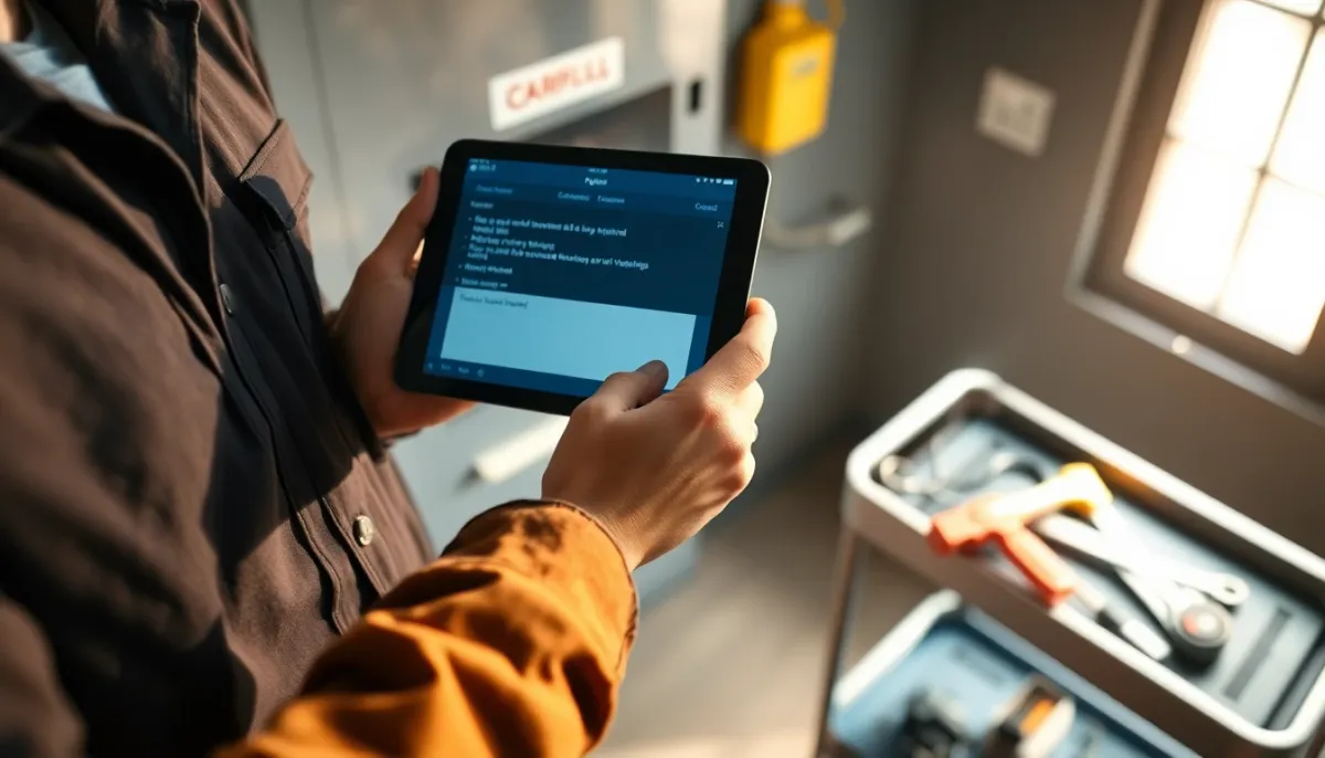 Technicien spécialisé consultant un diagnostic de codes erreur PAC sur tablette pendant une intervention