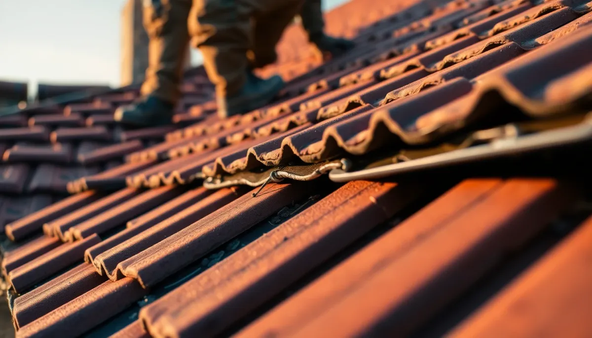 Détail de tuiles de toiture lors de travaux d'entretien courant et conforme