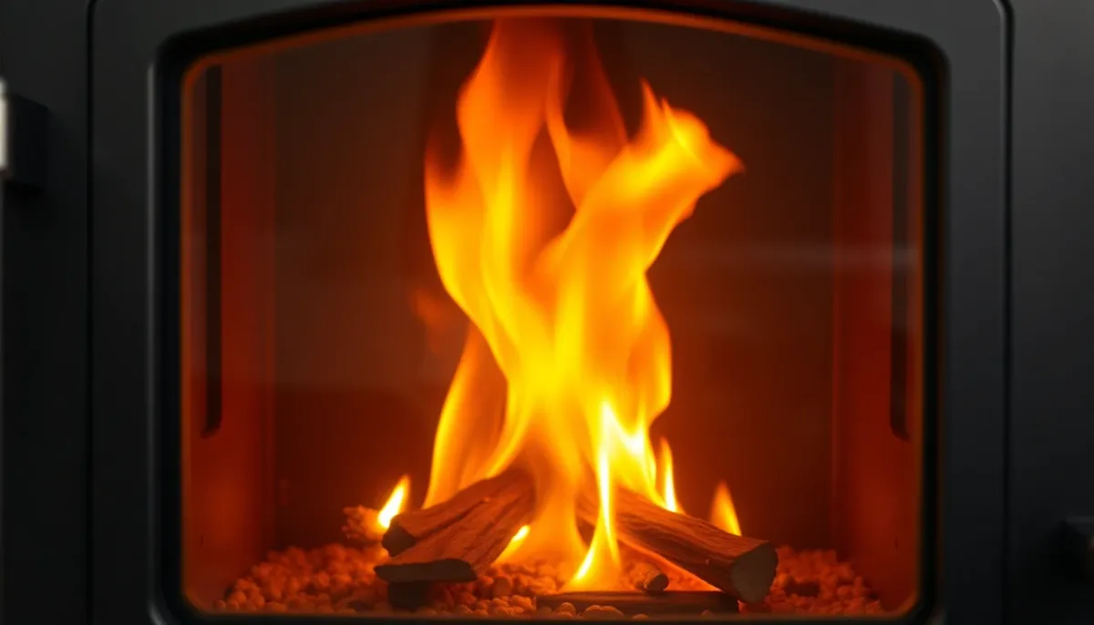 Gros plan sur la flamme idéale d'un poêle à granulés avec couleur jaune vif et hauteur régulière