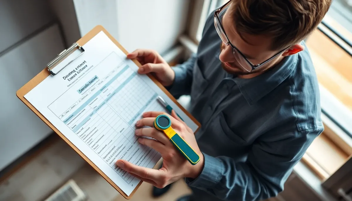 Professionnel examinant un devis de débistrage avec outils de mesure et documents d'inspection