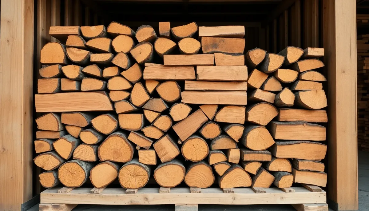 Bois de laurier-sauce bien séché et empilé sur palette, montrant le processus de séchage et stockage approprié